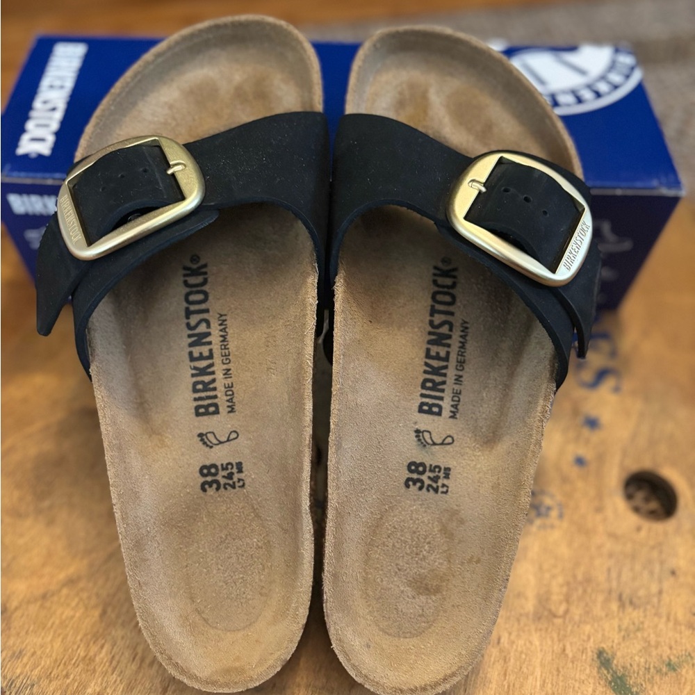 Birkenstock Madrid Big Buckle Nubuck Leather Black Sandals Gold 7 7.5 38 - Picture 2 of 6